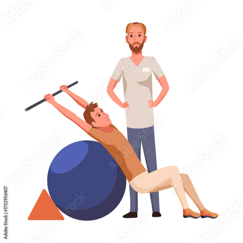 Therapist helping patient during physio therapy and rehabilitation. Physiotherapy treatment for man with physical disabilities. Flat graphic vector illustration isolated on white background