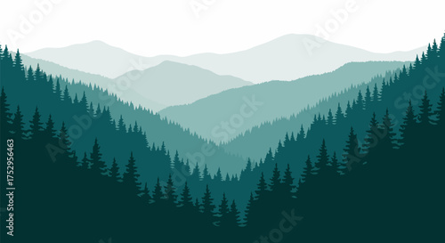 Serene Mountain Range Vector Illustration Detailed Forest Landscape in Varying Shades of Green