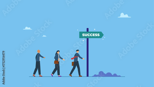 Business people walk to the right direction with signpost. Right direction to success, strategy or plan to go in correct path, challenge or leadership to guide career path, new opportunity.