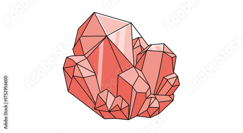 A vector illustration of a beautiful pink crystal cluster with geometric facets and clean black outlines, isolated on a plain white background