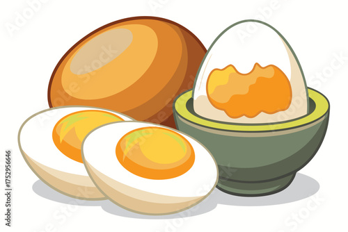 Boiled eggs halved and a whole egg sit with one in a bowl
