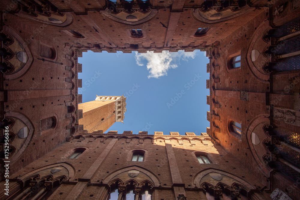 Fototapeta premium Italia, Toscana, Siena. Palazzo Comunale e torre del Mangia.