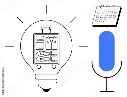 Packed suitcase inside lightbulb, microphone, and calendar representing travel organization, creativity, podcasting, scheduling, and innovation. Ideal for travel, planning ideas creativity