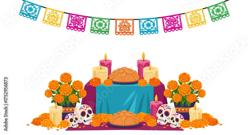 Colorful Day of the Dead Ofrenda Altar adorned with Marigolds, Lit Candles, Sugar Skulls, Pan de Muerto, and festive Papel Picado banners