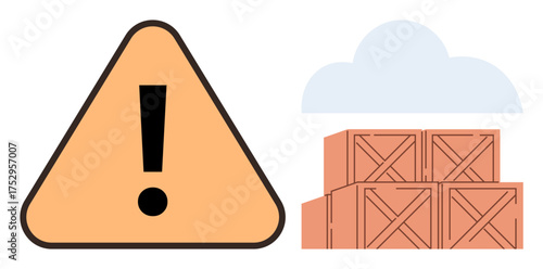 Large exclamation mark in yellow triangle alongside stacked wooden crates and cloud. Ideal for safety, logistics, warehouse management, storage precautions, supply chain, transportation, workplace