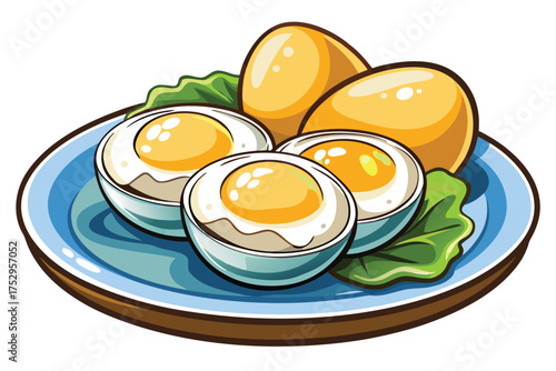 Delicious boiled and halved eggs with lettuce arranged on a blue plate look appetizing