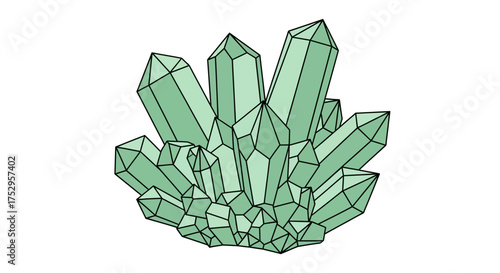 Cluster of pale green crystal formations with sharp facets and geometric shapes