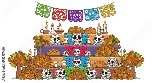 Vibrant Traditional Day of the Dead Altar Illustration with Sugar Skulls, Marigold Flowers, and Papel Picado Banners for Cultural Celebration Design