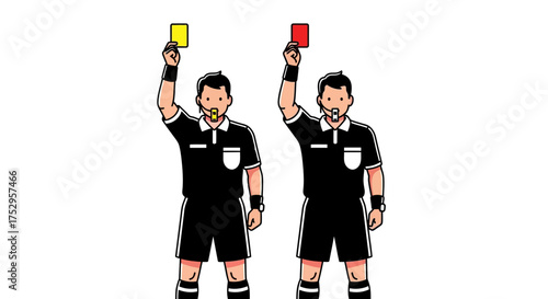 Two sports officials displaying red and yellow penalty cards during a competitive game, symbolizing rules and discipline in sports