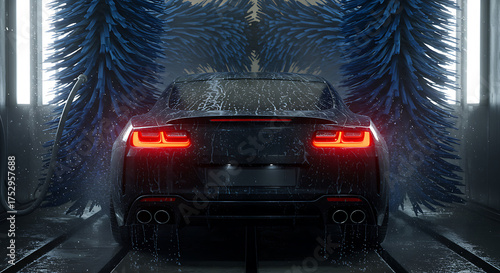 Car Washing in Automatic Carwash with Spinning Brushes