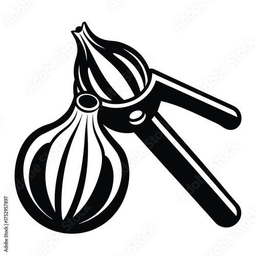 Black and white depicts garlic bulb being pressed with stainless steel tool