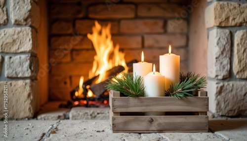 Candles arranged in a wooden crate near a cozy fireplace  