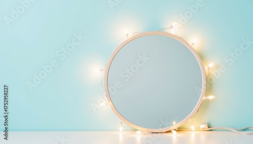 Round mirror with fairy lights on pastel blue background  