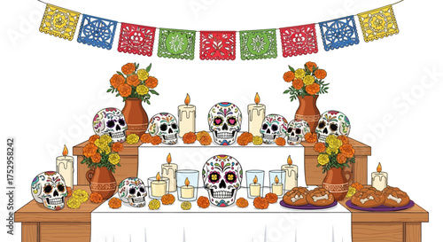 Day of the Dead Altar with Colorful Decorations and Offerings Celebrating Remembrance
