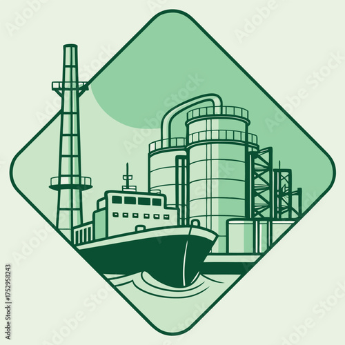 Minimal Flat Oil Refinery with Cargo Ship in Gradient Green for Energy Export Branding – Vector Illustration

