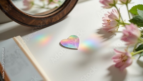 Colorful heart reflecting light on a white table with flowers  