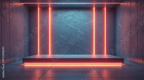 Modern Stage with Neon Lights and Concrete Walls.