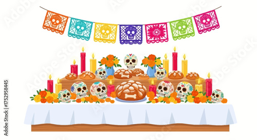 Day of the Dead Celebration Colorful Altar with Skulls, Candles, and Festive Decorations
