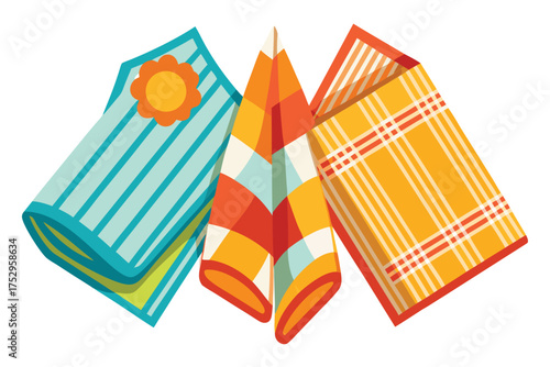 Three hanging kitchen towels with floral, plaid, and striped patterns provide colorful accents