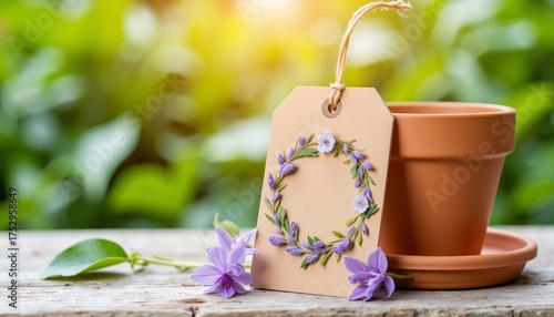 Flower pot with decorative tag and blooms on wooden table outdoors  