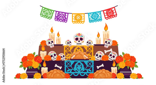 Day of the Dead Altar Illustration Colorful Skulls, Candles, and Festive Decorations