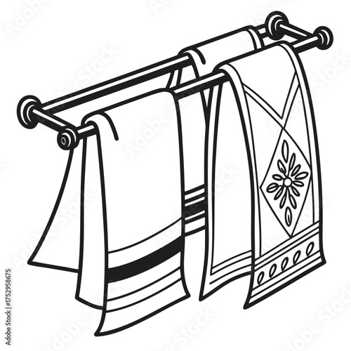 Two towels featuring distinctive stripe and floral patterns hang neatly on a black metal rack