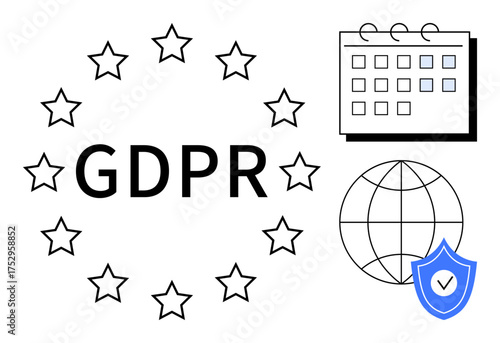 GDPR text encircled by stars, calendar, globe, and shield with checkmark. Ideal for legal compliance, data privacy, regulation, security, online governance EU laws simple flat metaphor