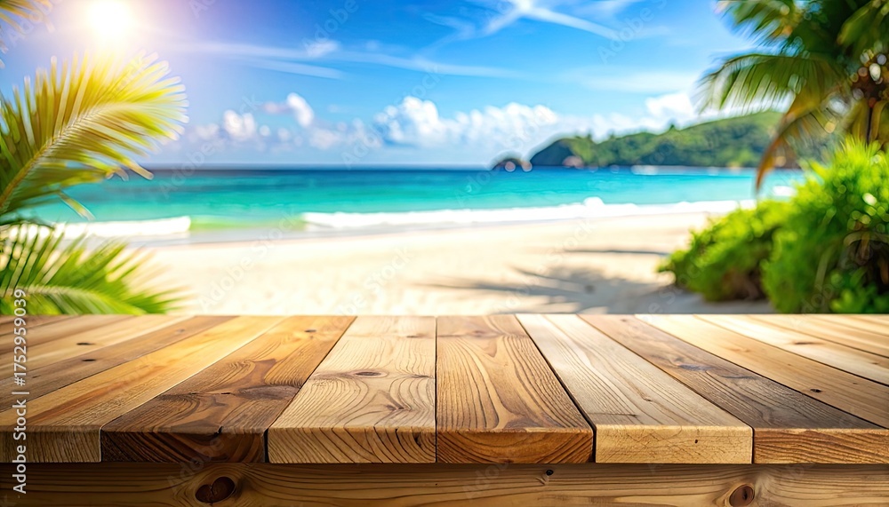 Obraz premium Wooden table on idyllic beach scene with ocean, palms, and blue sky