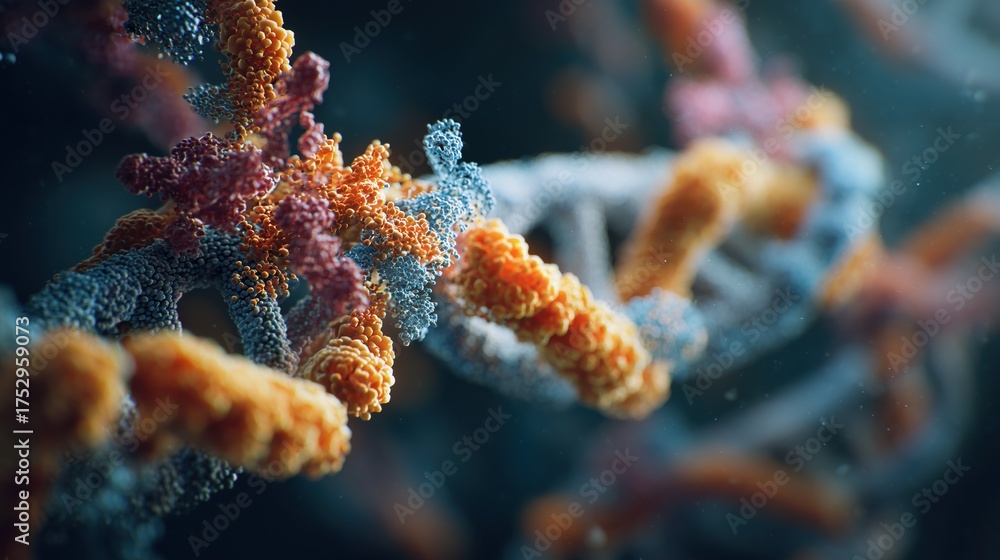 Naklejka premium Detailed visualization of bacterial mutation leading to antibiotic resistance, DNA strand highlighted, microscopic view, vibrant scientific illustration
