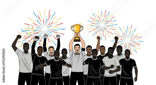 Victorious Team Celebrating with Trophy and Fireworks