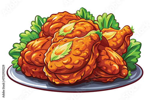 Golden fried chicken pieces arranged on a blue plate with lettuce vector