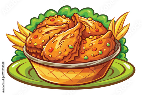 Crunchy orange chicken pieces sit inside a wicker basket placed on a green plate