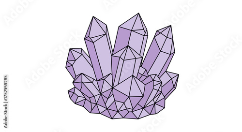 A beautiful illustration of a purple crystal cluster with a geometric polygonal line art style. Isolated vector drawing of a precious gemstone