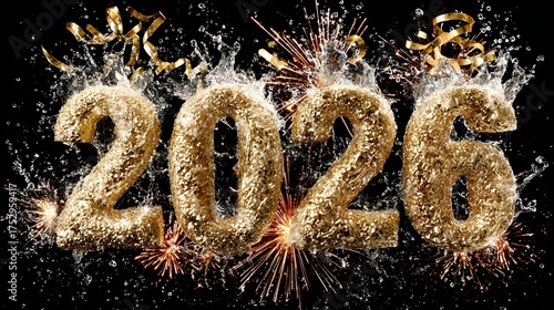 Wallpaper Mural Vibrant 3D golden “2026” exploding with fireworks, streamers, and celebratory champagne splash Torontodigital.ca