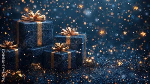 Elegant Dark Blue Gift Boxes with Golden Ribbons and Sparkling Lights.