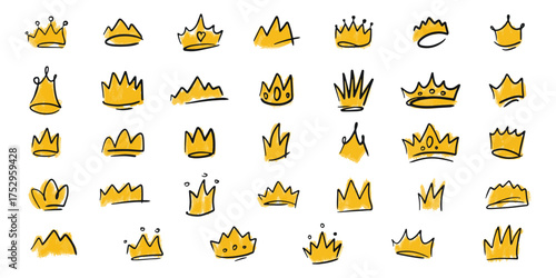 A collection of hand-drawn royal crowns. Yellow crowns with black outlines. Simple monarchical icons. Designs for king and queen symbols. Vector drawings with decorative elements.