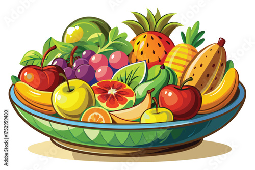 Vibrant assortment of fresh fruits like grapes, apples, bananas, and pineapple in a beautifully decorated bowl