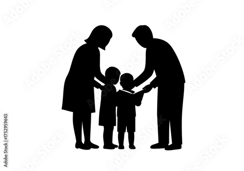 Silhouette of a family, including mother, father, and two children, standing together in a loving and supportive pose.