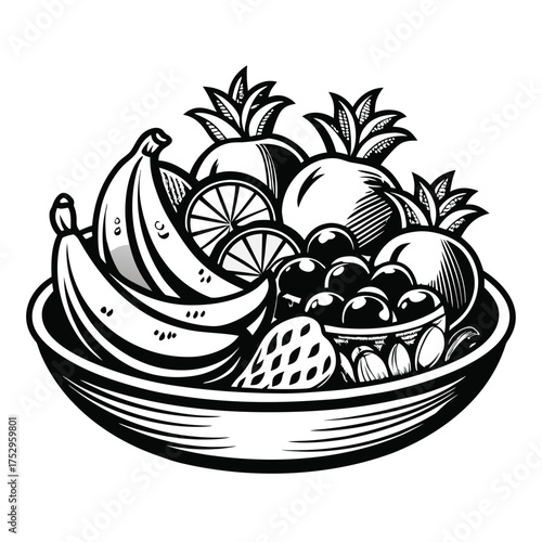 Fruitful abundance showcases monochrome bananas, oranges, pomegranates, grapes, pineapple, and almonds