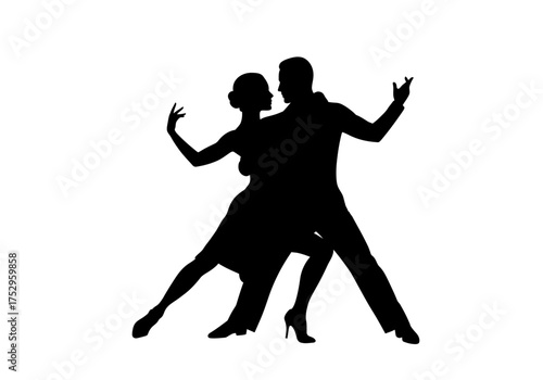 Silhouette of a couple dancing, performing a tango or similar ballroom dance in elegant poses.