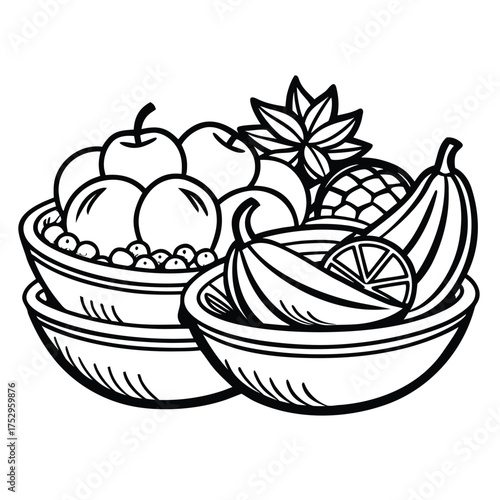 Black outlined fruit overflowing from stacked bowls showcases apples, bananas, pineapple and orange