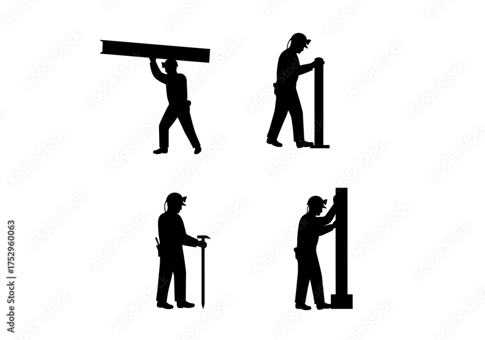Obraz premium Silhouetted construction workers performing various tasks, carrying materials, and working.