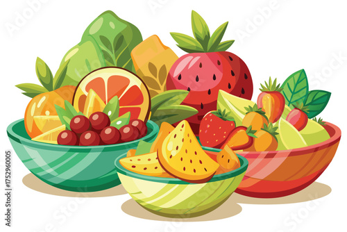 Colorful bowls overflow with vibrant oranges, cherries, watermelon, and sliced mangoes for fresh fruit salad