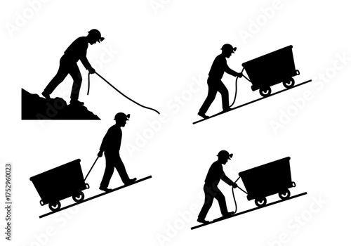 Silhouetted figures of miners pulling carts uphill, depicting various stages of labor.