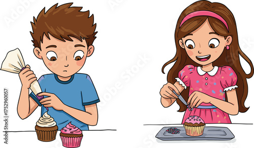 Children decorating cupcakes, kids baking sweet treats, creative dessert activity, happy childhood fun, colorful frosting, handmade food art, family bonding, learning