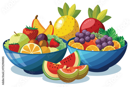 Various vibrant fruits sit deliciously inside artistic blue bowls, complemented by juicy watermelon slices