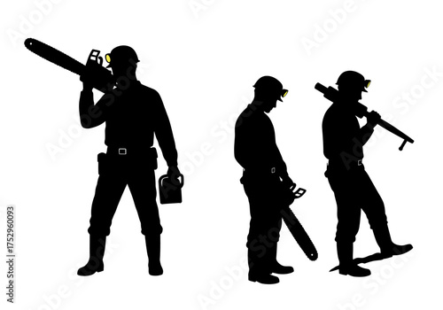 Silhouetted lumberjacks with chainsaws, one carrying a fuel can, against a white background.