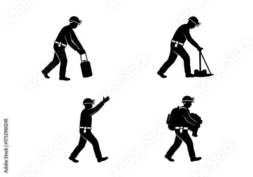 Silhouette illustrations depict a worker performing various tasks, carrying objects and signaling.