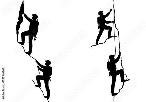 Silhouettes of climbers ascending rock faces using ropes and handholds in a vector illustration.