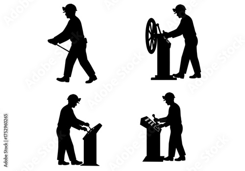 Silhouettes of a worker operating various industrial controls, including levers, wheels, and consoles.
